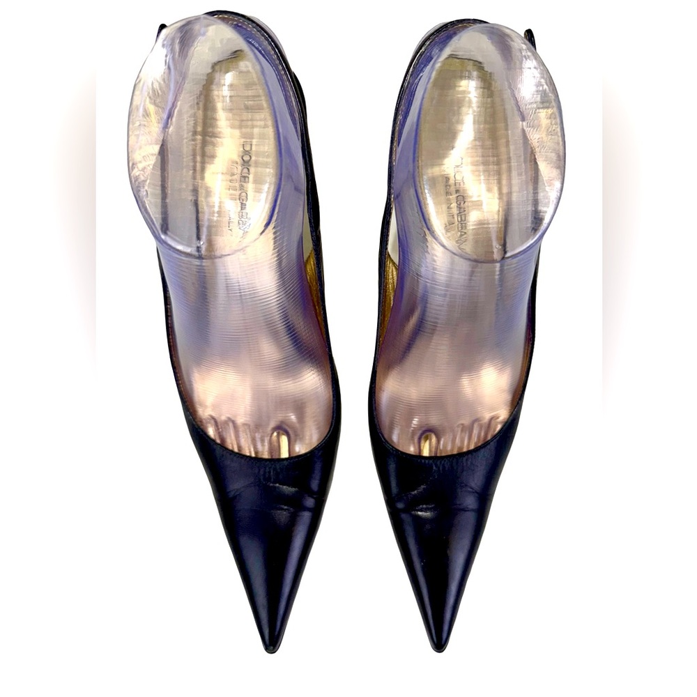 DOLCE & GABBANA BLACK LEATHER SLINGBACK HEELS - Picture 3 of 9